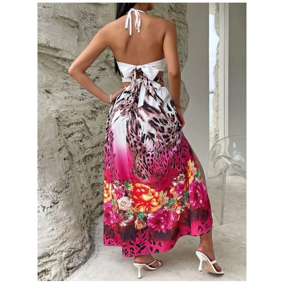 VCAY Floral & Leopard Print Cut Out Tie Backless Split Thigh Halter Dress - Picture 2 of 5